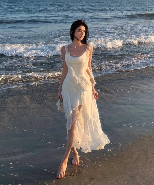 French style white suspenders beautiful small skirt seaside holiday dress fairy skirt R1605