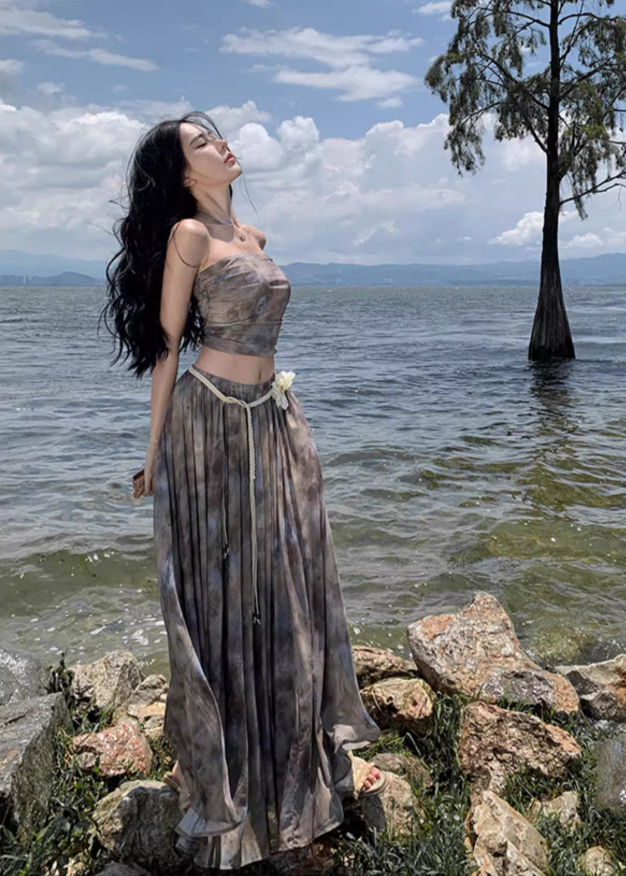 Travel wear tie-dye skirt a-line skirt temperament tube top suit women's two-piece suit R1571