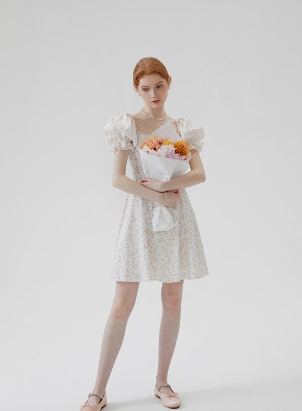 Jasmine French floral dress small fresh sweet puff sleeve short skirt R2763