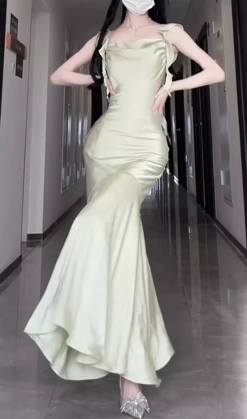 French ruffled sling satin dress large size high-end dress temperament slim fishtail skirt R1840