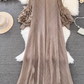 High-class lady temperament pleated lantern long sleeve loose A-line solid color elegant dress R0319