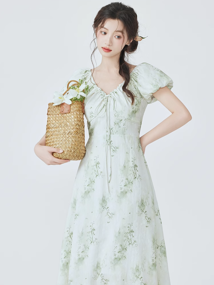 French floral dress new tea break beautiful dress waist long dress temperament R2363