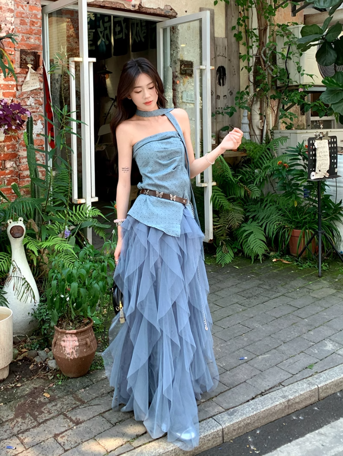 Beautiful outfit set: blue polka dot irregular tube top, mesh ruffle skirt, two-piece set R1720