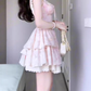 Pink floral dress beautiful niche waist puffy short skirt R0745