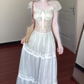 Gentle blue lace puff sleeve dress holiday temperament waist A-line long skirt R0862