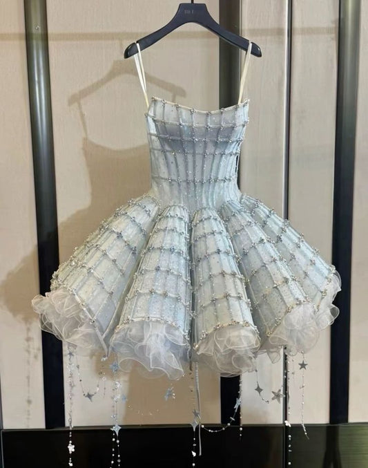 Gradient blue suspenders with diamonds, slim-fitting puffy princess skirt homecoming dress R2562