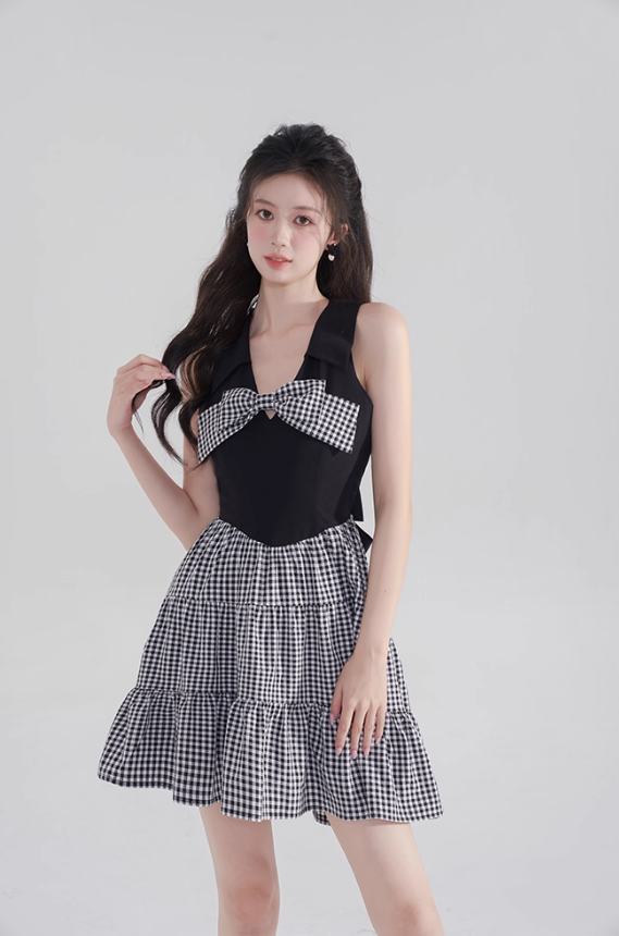 Black halter neck skirt new summer plaid waist high-end dress bow French retro skirt R4144