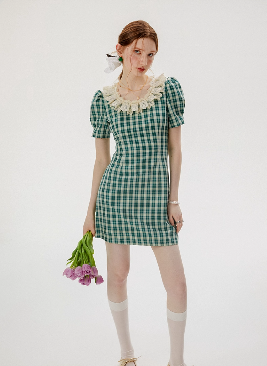 French skirt green plaid dress summer retro short skirt petite short skirt female summer R3457