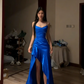 Dark blue halter-neck fitted waist slim slit sexy long ball gown R8069