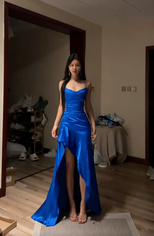 Dark blue halter-neck fitted waist slim slit sexy long ball gown R8069