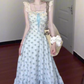 Blue floral dress gentle temperament beautiful summer skirt R0762