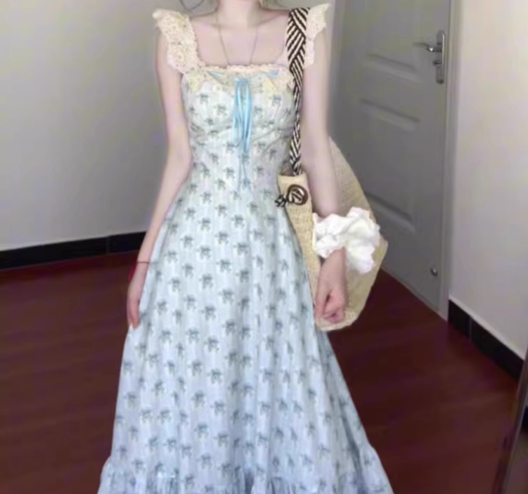 Blue floral dress gentle temperament beautiful summer skirt R0762