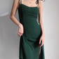 French style dark green high waisted camisole dress, retro waist cinched side slit dress R2865