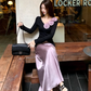 Fairy three-dimensional rose French top high waist A-line skirt gentle outfit two-piece suit R1702