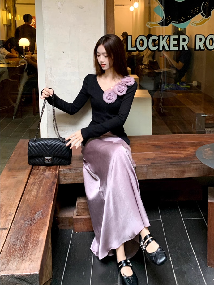 Fairy three-dimensional rose French top high waist A-line skirt gentle outfit two-piece suit R1702