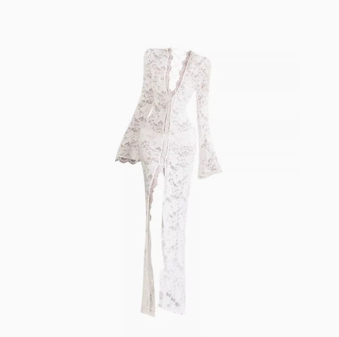 Sexy hot girl lace strap V-neck dress 2025 waist-hugging hip-wrapped slit long skirt R1205