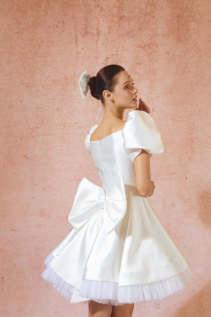 White princess skirt bubble sleeve slim cute butt homecoming dress R2501