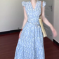 Blue v-neck floral dress with small flying sleeves, beautiful waist A-line beach dress R0781