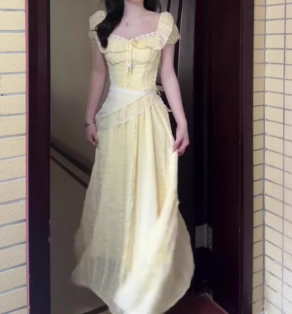 Gentle style yellow one-shoulder dress, beautiful waist temperament long dress R0815