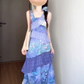 Purple floral suspender dress retro irregular ruffle waist temperament long skirt R0460