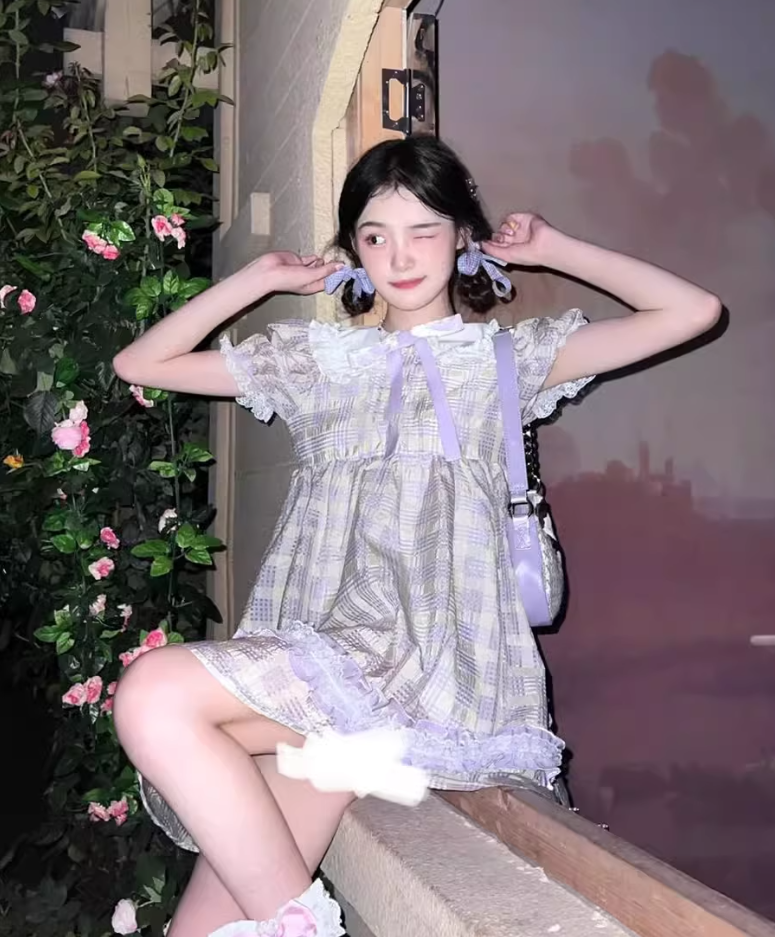 Tea break French first love sweet lolita dress doll collar plaid dress high-grade forest style 2025 R1635