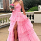 Pink V-Neck Tulle Long Ball Gown      S1373