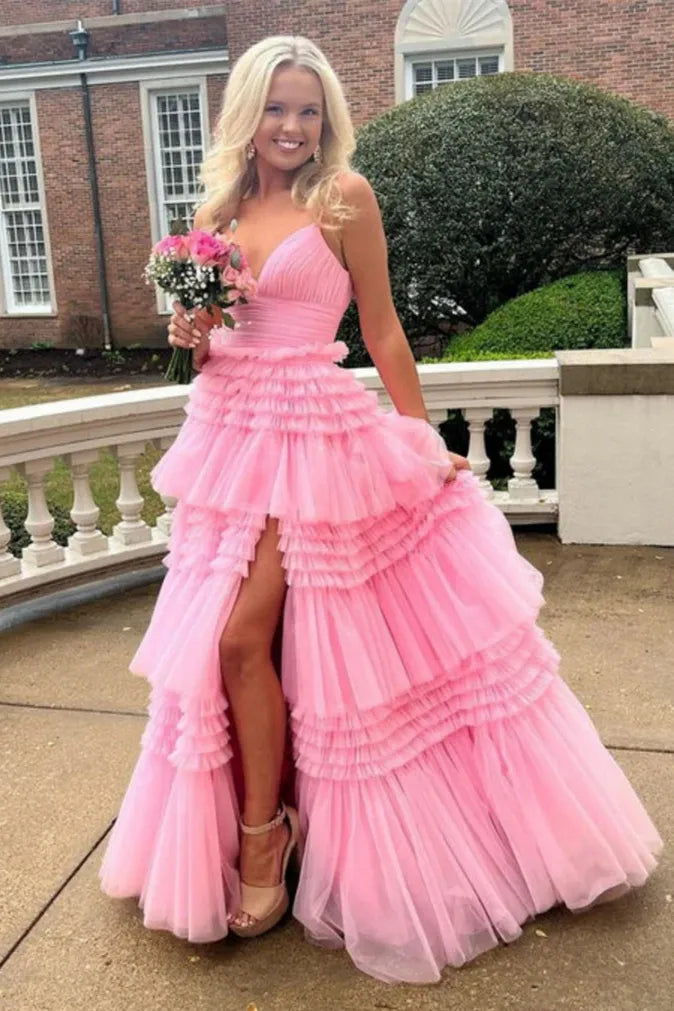 Pink V-Neck Tulle Long Ball Gown      S1373