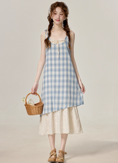 Summer temperament blue plaid suspender dress beautiful holiday dress R1891