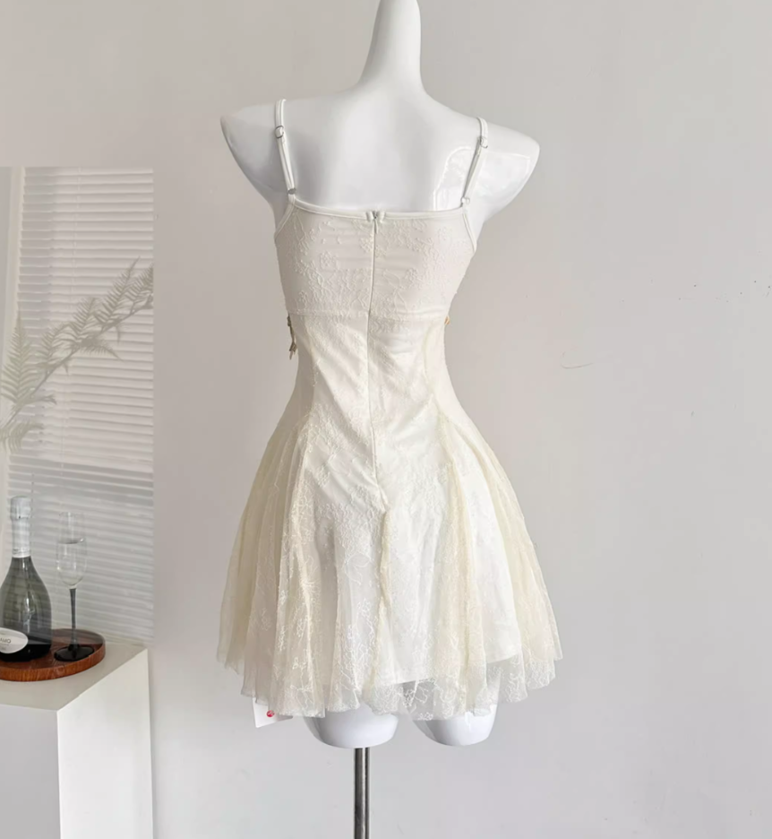 White three-dimensional embroidered flower waist dress pure style skirt R2006