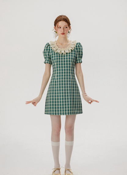 French style green plaid dress summer retro short skirt R2764