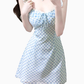 2025 Summer New Blue Plaid Lace Square Neck Short Sleeveless Dress R0969
