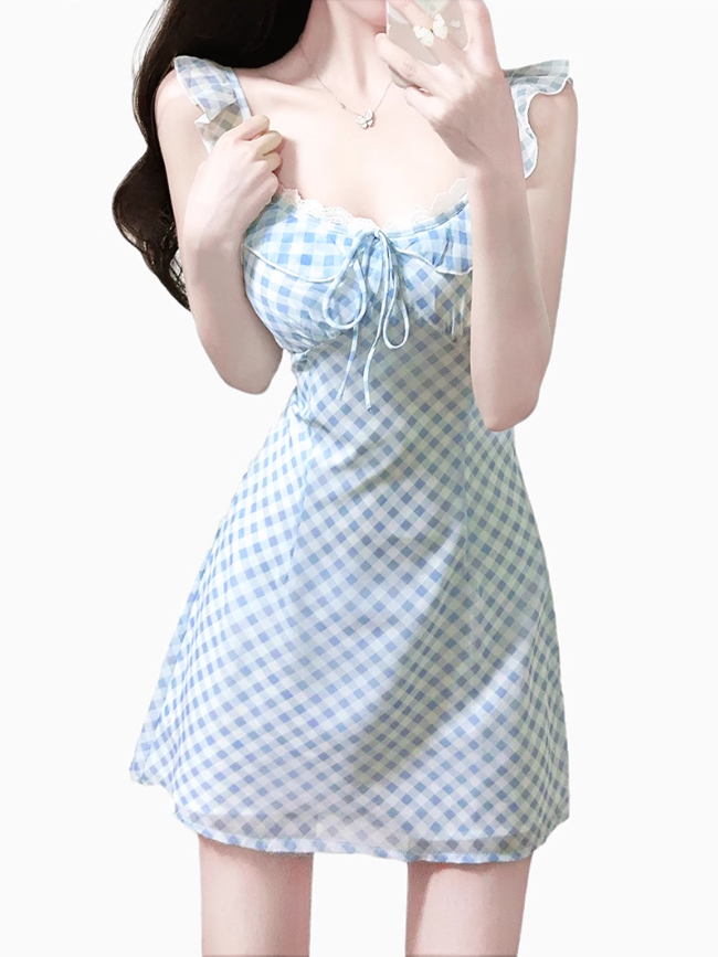 2025 Summer New Blue Plaid Lace Square Neck Short Sleeveless Dress R0969