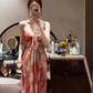 Holiday style dress niche style skirt v-neck floral suspender skirt summer R0699