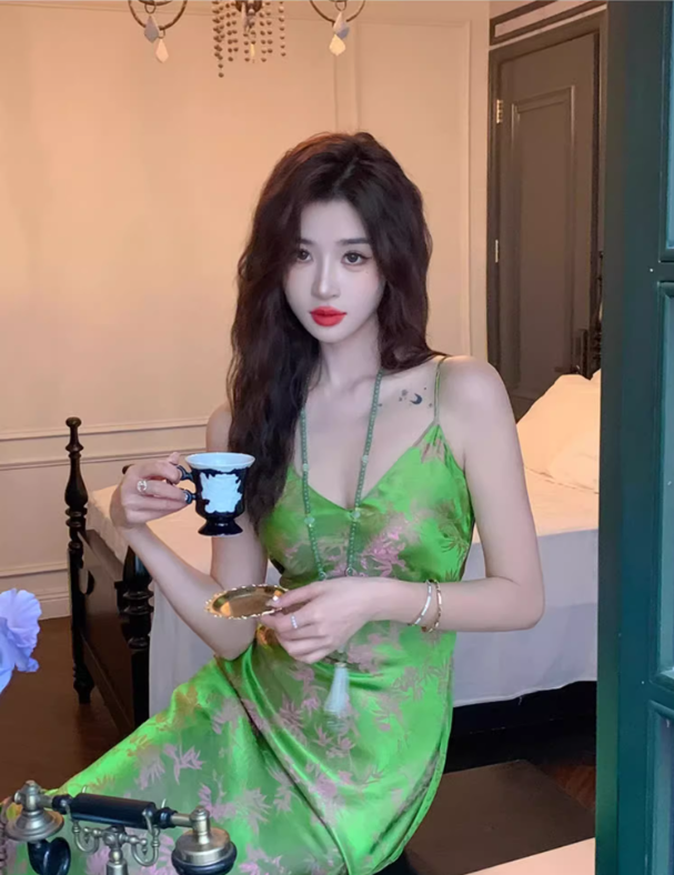 High-grade silk suspender dress 25 new slim fit slimming royal sister printed acetate long skirt R1001