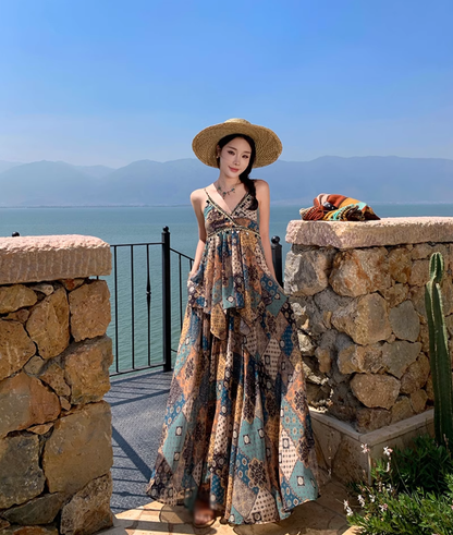 French retro v-neck floral camisole a-line skirt two-piece suit R0603