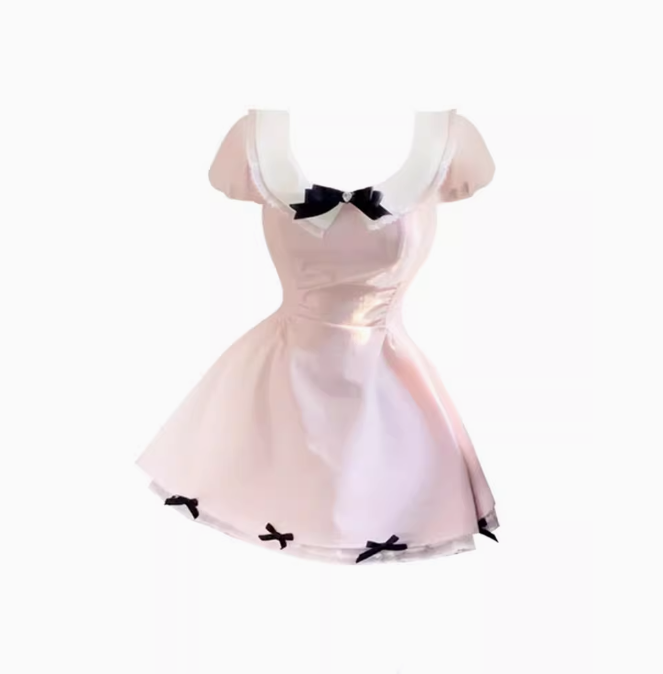 Sweet baby doll collar puff sleeve dress 2025 waist bow a-line princess dress R1192
