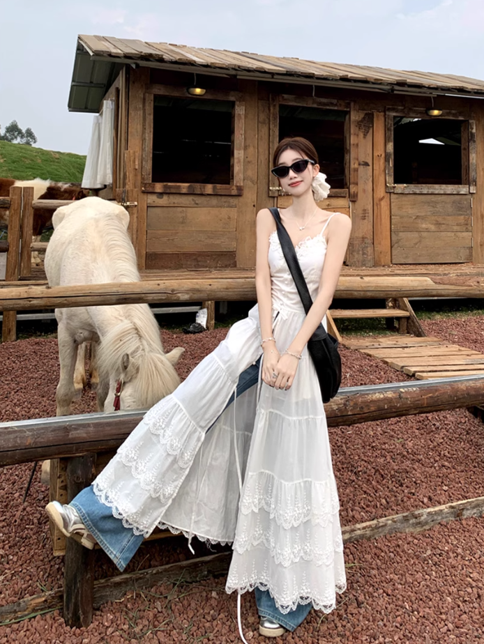 Fairy white Dingdal skirt waist skirt lace splicing slit suspender dress R1755