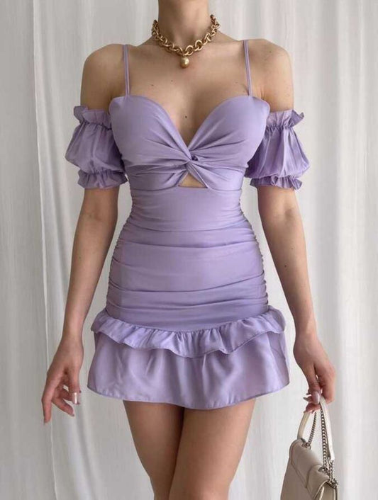 Purple suspender tube top sexy one shoulder slim waist hip skirt short skirt homecoming dress R3931