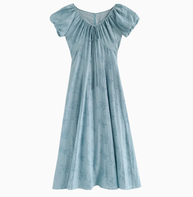 French style high-end blue floral dress summer new waist long dress R1919