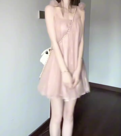 Gentle temperament pink mesh sling dress beautiful loose A-line short skirt R0723