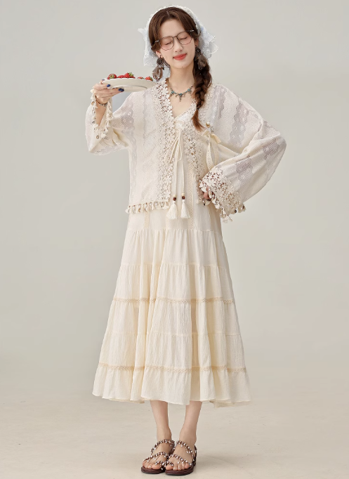 Temperament niche apricot sunscreen jacket with suspender skirt cardigan R1925