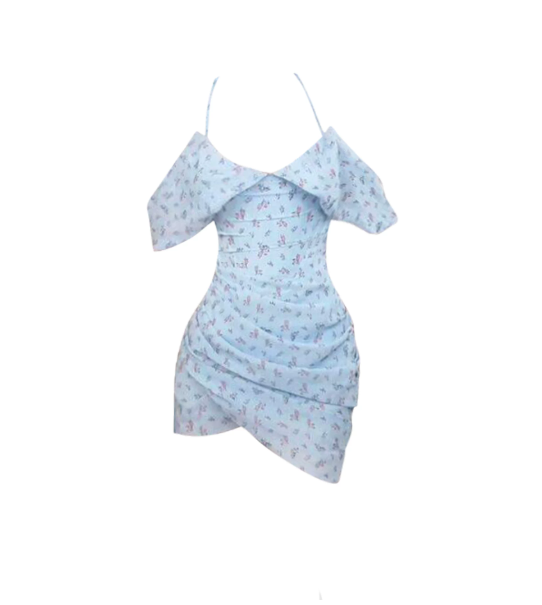 Sexy and alluring halter-neck floral dress, summer style, pleated, slimming, bodycon mini skirt R9068