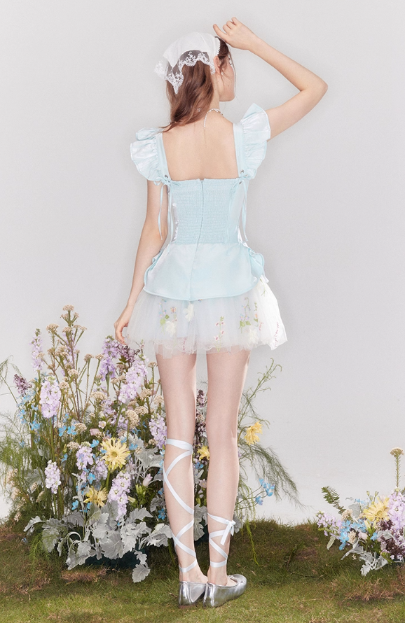 Satin-feeling temperament waist slim fit small flying sleeve puffy little dress R4538