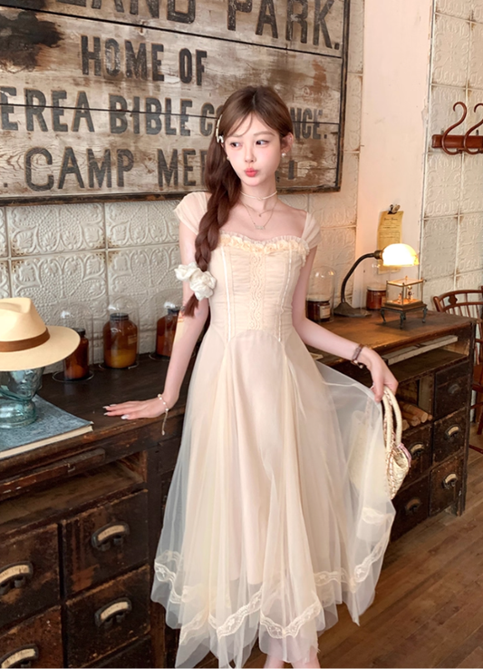 Solid color long mesh square neck suspender dress summer French style temperament skirt R4871