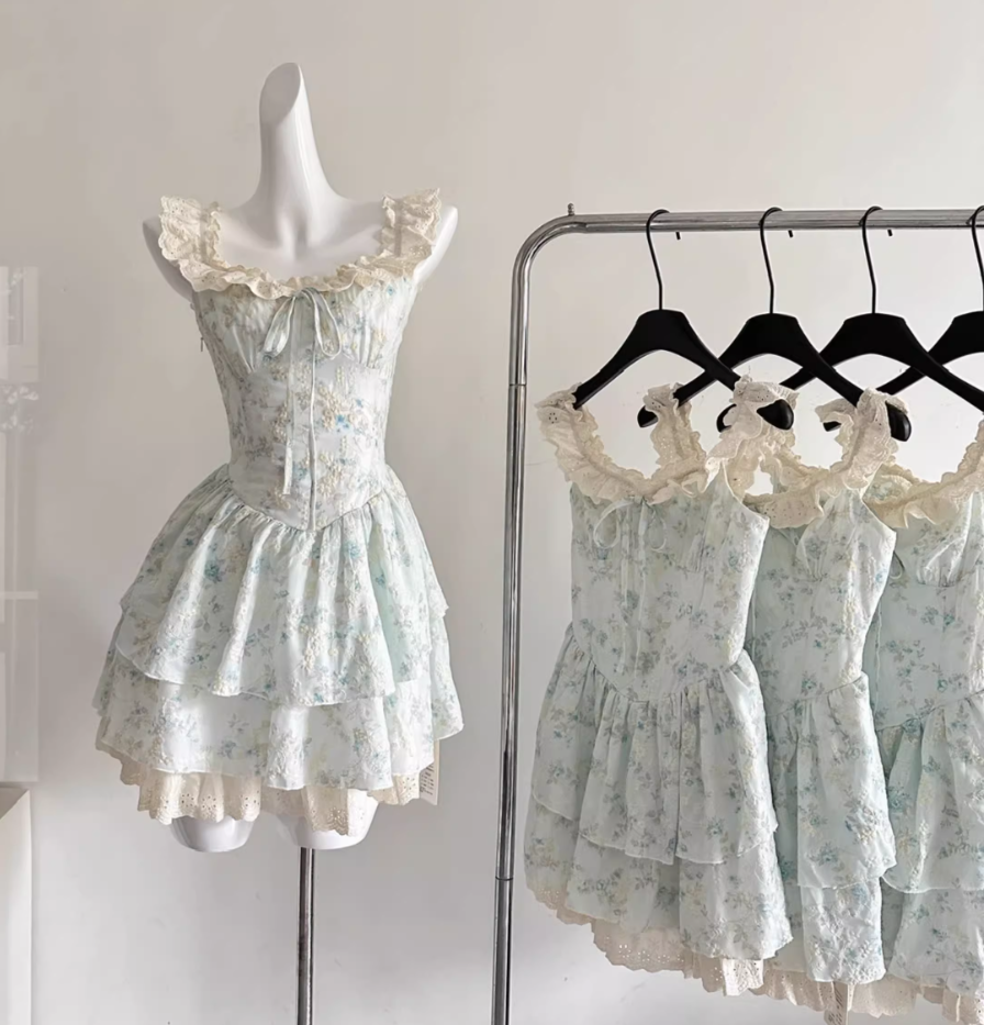 Sweet flying sleeves gentle floral waist princess dress R2008