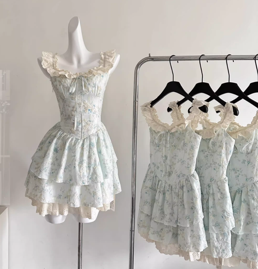 Sweet flying sleeves gentle floral waist princess dress R2008