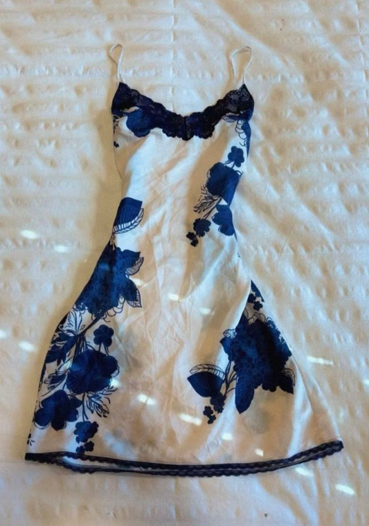 White suspenders blue printed lace neckline waist sexy mini skirt homecoming dress R2636