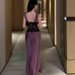 Sexy satin lace deep V-neck dress French sexy evening dress high-end R1619