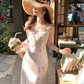 Pink long printed waist fishtail suspender dress for women summer French style slim temperament skirt R4821