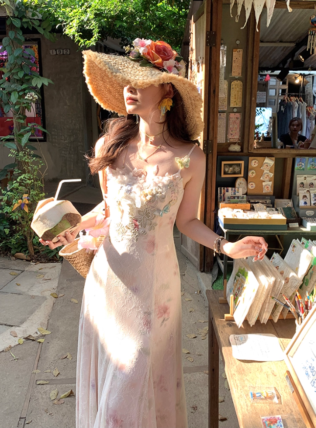 Pink long printed waist fishtail suspender dress for women summer French style slim temperament skirt R4821